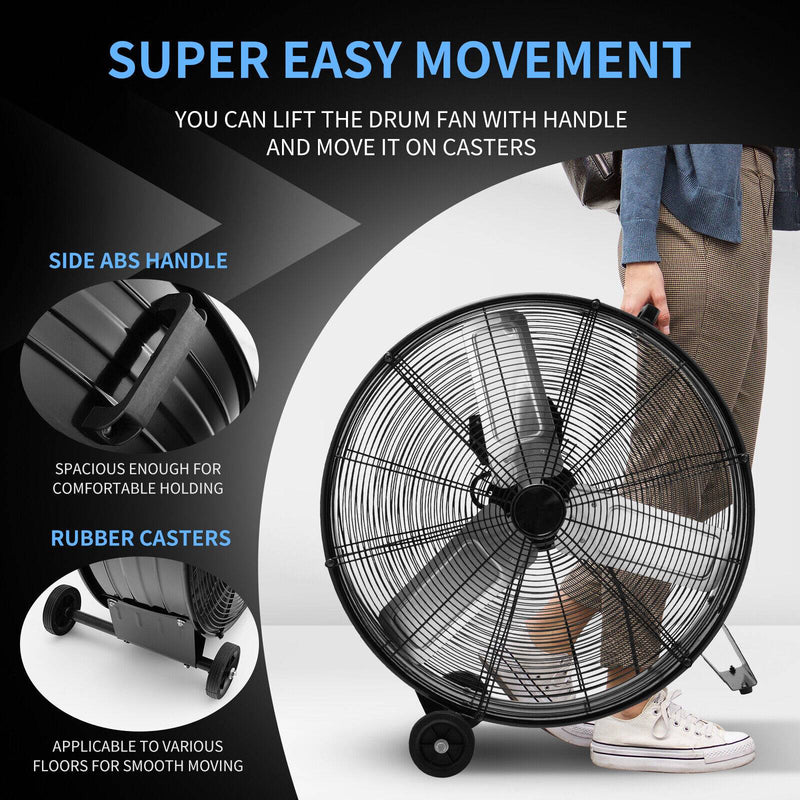 3-Speed 24 Inch Industrial Drum Fan with Aluminum Blades-Black