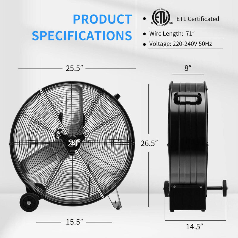 3-Speed 24 Inch Industrial Drum Fan with Aluminum Blades-Black