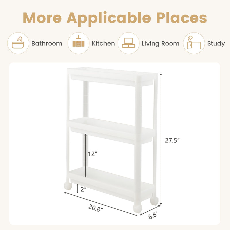 2 Pieces 3-Tier Slim Detachable Storage Cart with Drainage Holes and Wheels-White