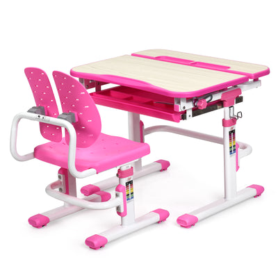 Height Adjustable Kids Study Desk and Chair Set-Pink
