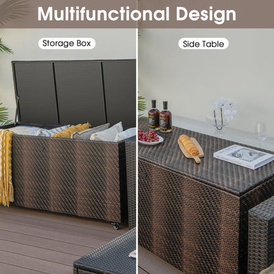96 Gallon PE Wicker Outdoor Storage Box with 4 Wheels-Brown