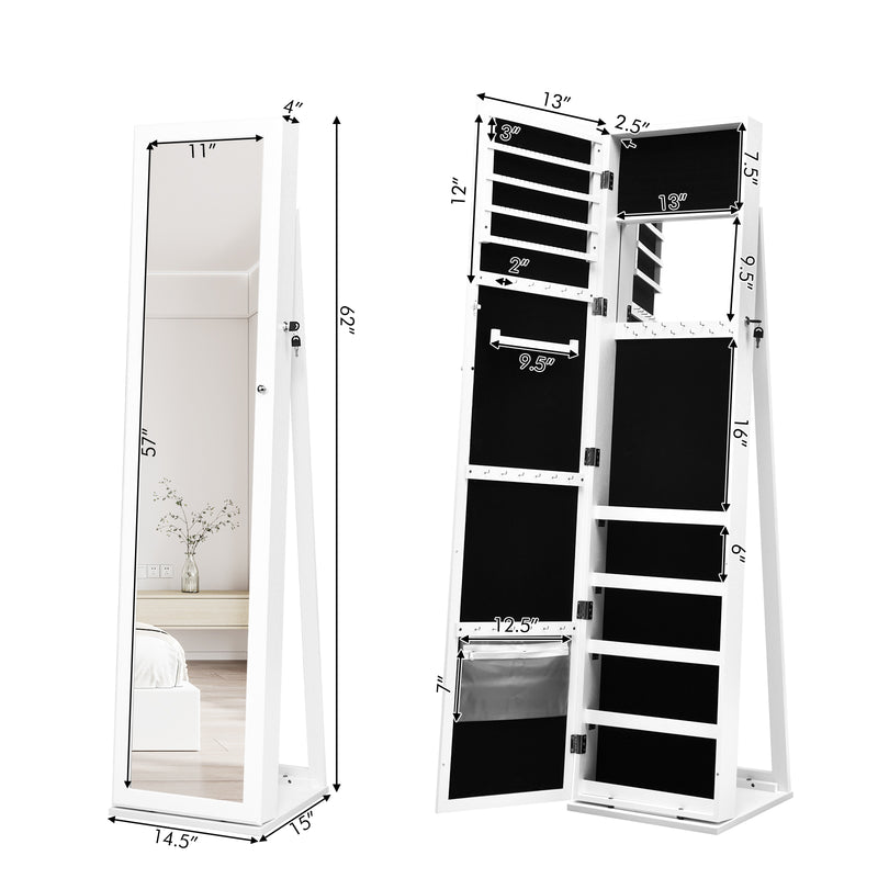 Lockable Freestanding Jewelry Armoire with Full Length Mirror-White
