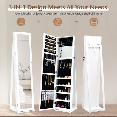 Lockable Freestanding Jewelry Armoire with Full Length Mirror-White