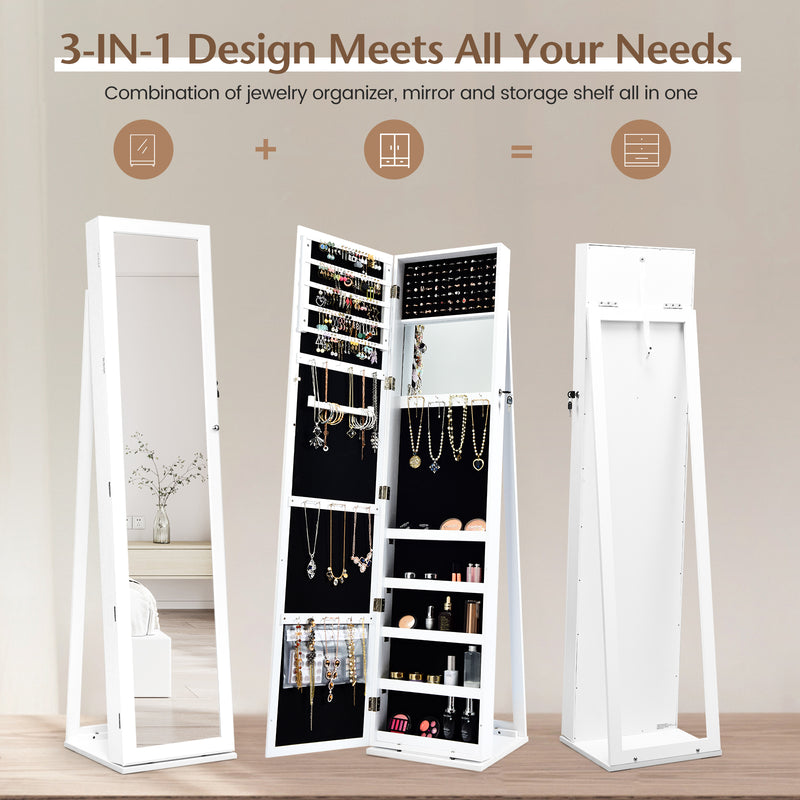 Lockable Freestanding Jewelry Armoire with Full Length Mirror-White