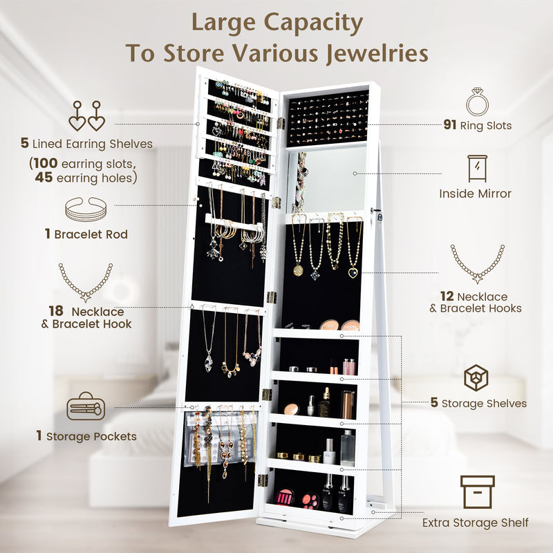 Lockable Freestanding Jewelry Armoire with Full Length Mirror-White