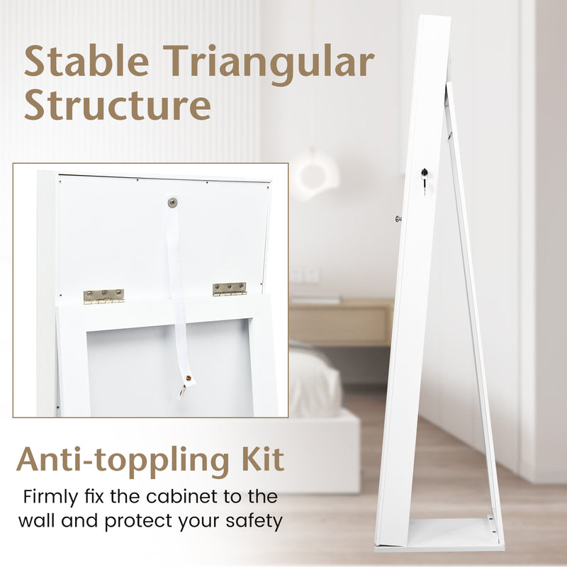 Lockable Freestanding Jewelry Armoire with Full Length Mirror-White