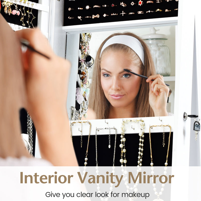 Lockable Freestanding Jewelry Armoire with Full Length Mirror-White