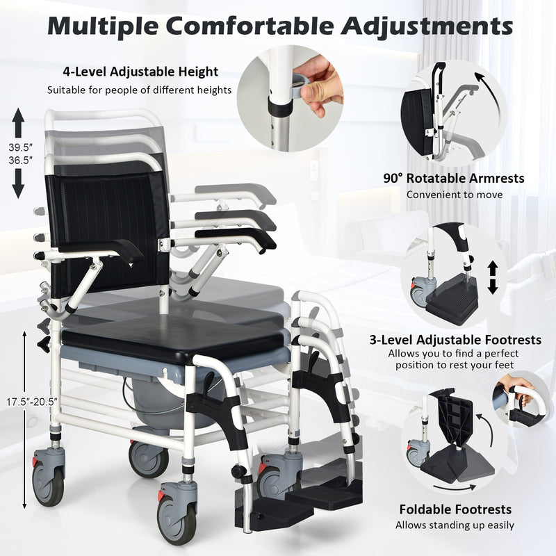 4-in-1 Bedside Commode Wheelchair with Detachable Bucket