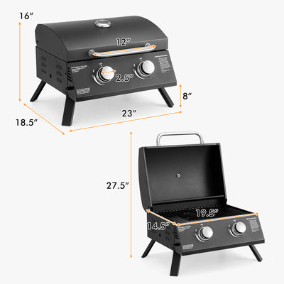 2-Burner Propane Gas Grill 20000 BTU Outdoor Portable with Thermometer