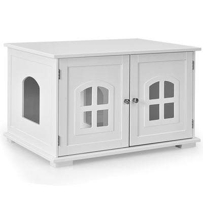 Large Wooden Cat Litter Box Enclosure Hidden Cat Washroom with Divider-White