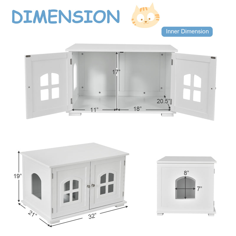 Large Wooden Cat Litter Box Enclosure Hidden Cat Washroom with Divider-White
