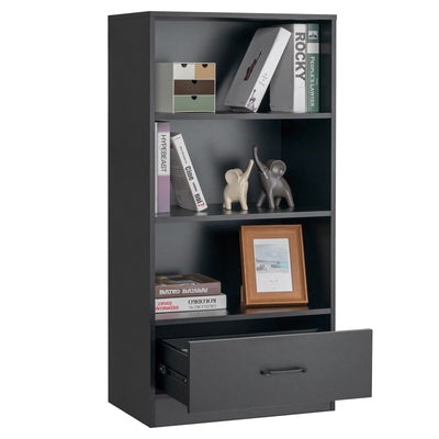 48 Inch Tall 4 Tiers Wood Bookcase with Drawer-Black