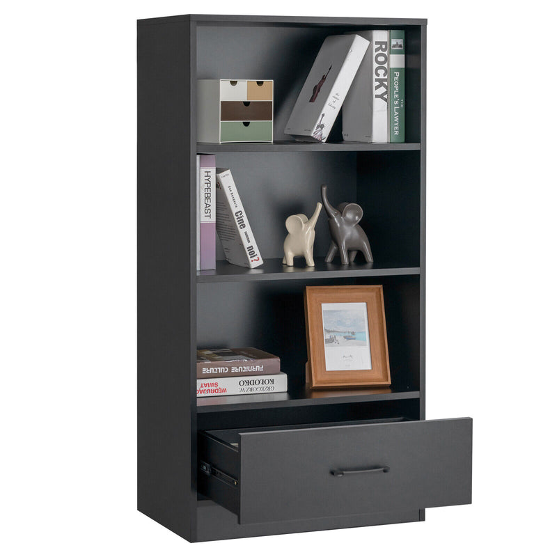 48 Inch Tall 4 Tiers Wood Bookcase with Drawer-Black