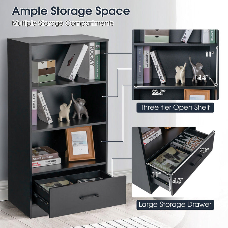 48 Inch Tall 4 Tiers Wood Bookcase with Drawer-Black