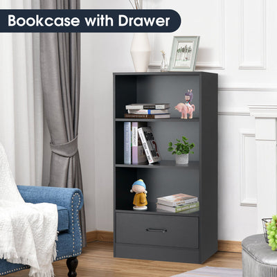 48 Inch Tall 4 Tiers Wood Bookcase with Drawer-Black