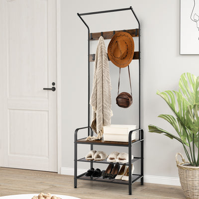 3-in-1 Industrial Hall Tree Coat Rack Shoe Bench with Storage Shelf and 9 Hooks