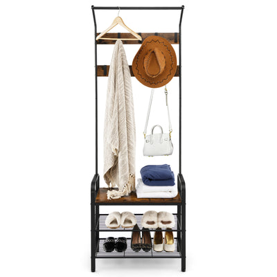 3-in-1 Industrial Hall Tree Coat Rack Shoe Bench with Storage Shelf and 9 Hooks