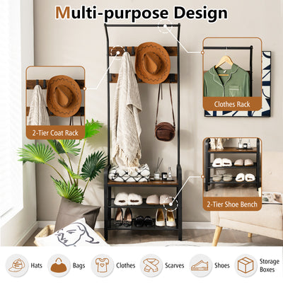 3-in-1 Industrial Hall Tree Coat Rack Shoe Bench with Storage Shelf and 9 Hooks