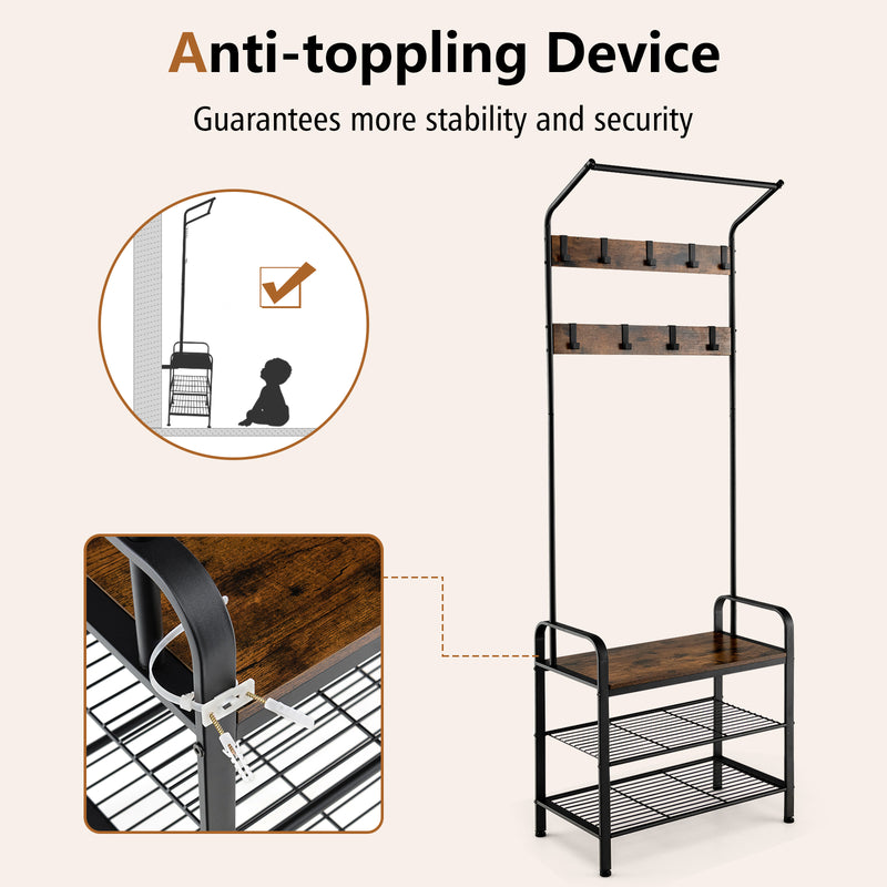 3-in-1 Industrial Hall Tree Coat Rack Shoe Bench with Storage Shelf and 9 Hooks