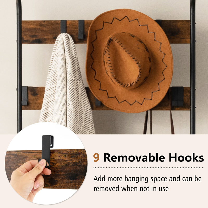3-in-1 Industrial Hall Tree Coat Rack Shoe Bench with Storage Shelf and 9 Hooks