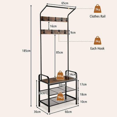 3-in-1 Industrial Hall Tree Coat Rack Shoe Bench with Storage Shelf and 9 Hooks