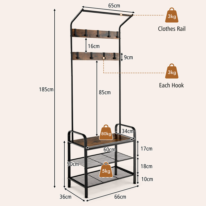 3-in-1 Industrial Hall Tree Coat Rack Shoe Bench with Storage Shelf and 9 Hooks