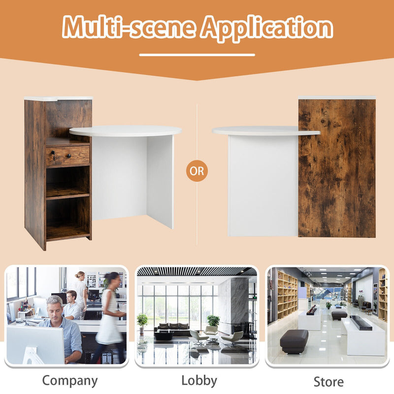 Front Reception Office Desk with Open Shelf and Lockable Drawer-Rustic Brown