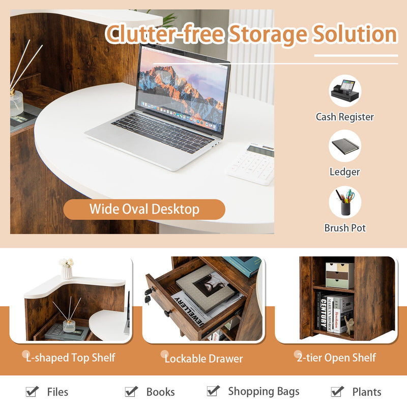 Front Reception Office Desk with Open Shelf and Lockable Drawer-Rustic Brown
