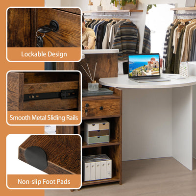 Front Reception Office Desk with Open Shelf and Lockable Drawer-Rustic Brown