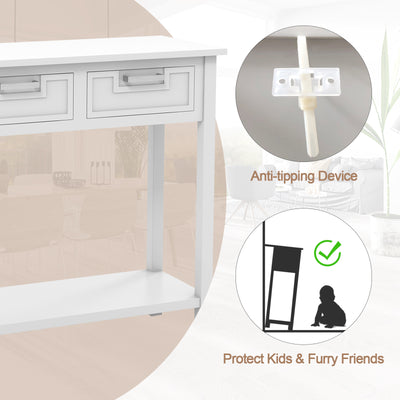 Narrow Console Table with Drawers and Open Storage Shelf-White
