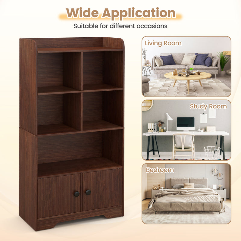 4 Tiers Bookshelf with 4 Cubes Display Shelf and 2 Doors-Brown