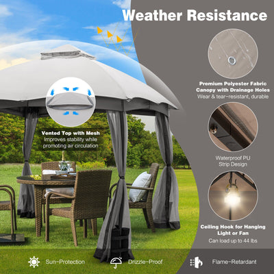 10 x 12 Feet Patio Double-Vent Canopy with Privacy Netting and 4 Sandbags-Gray