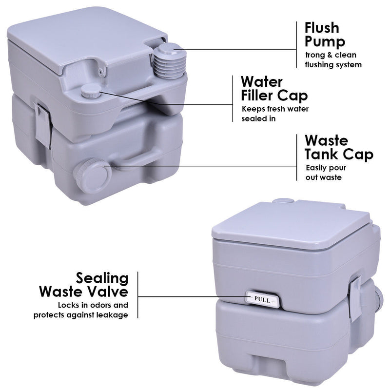 *5.3 Gallon Portable Toilet with Waste Tank and Built-in Rotating Spout - Gray