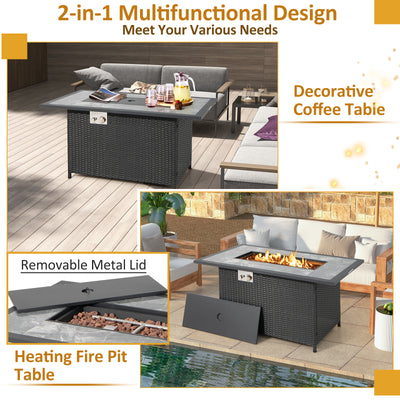 52 Inch Rattan Wicker Propane Fire Pit Table with Rain Cover and Lava Rock-Black