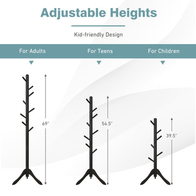 *Adjustable Wooden Tree Coat Rack with 8 Hooks - Black