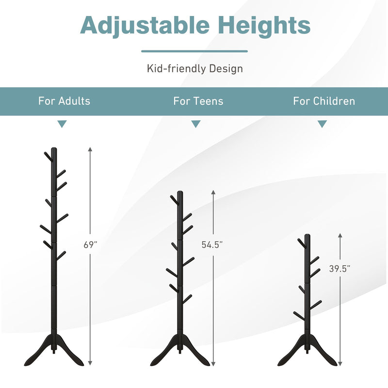 *Adjustable Wooden Tree Coat Rack with 8 Hooks - Black