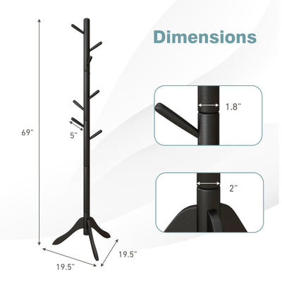 *Adjustable Wooden Tree Coat Rack with 8 Hooks - Black