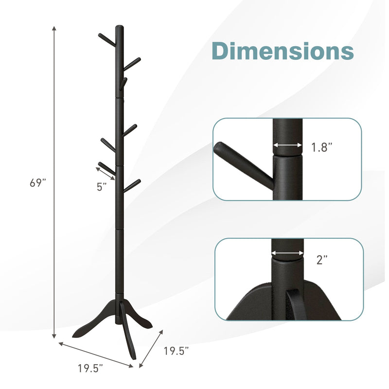 *Adjustable Wooden Tree Coat Rack with 8 Hooks - Black