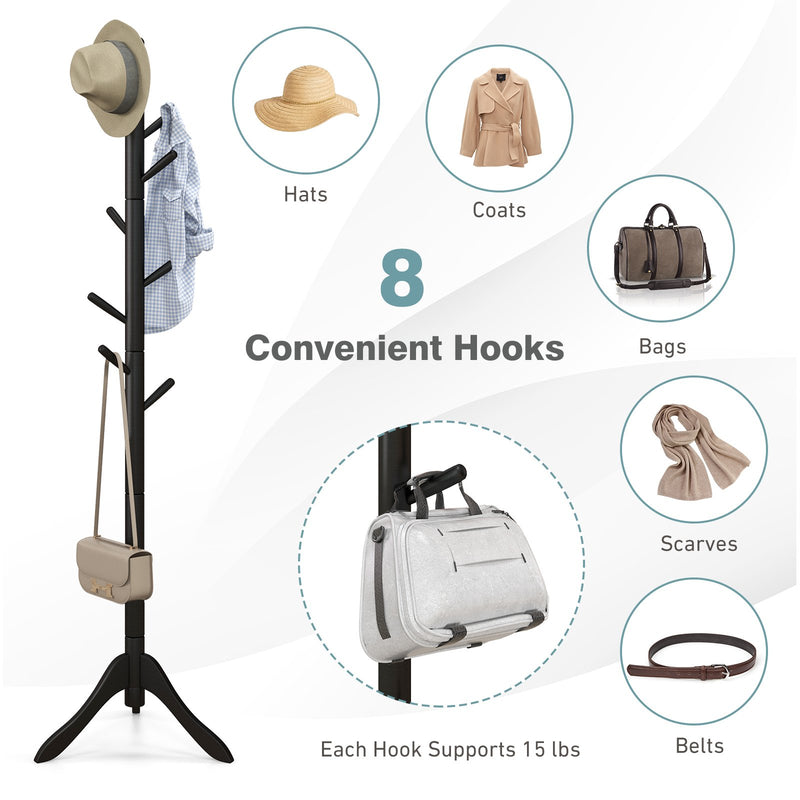 *Adjustable Wooden Tree Coat Rack with 8 Hooks - Black