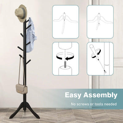 *Adjustable Wooden Tree Coat Rack with 8 Hooks - Black