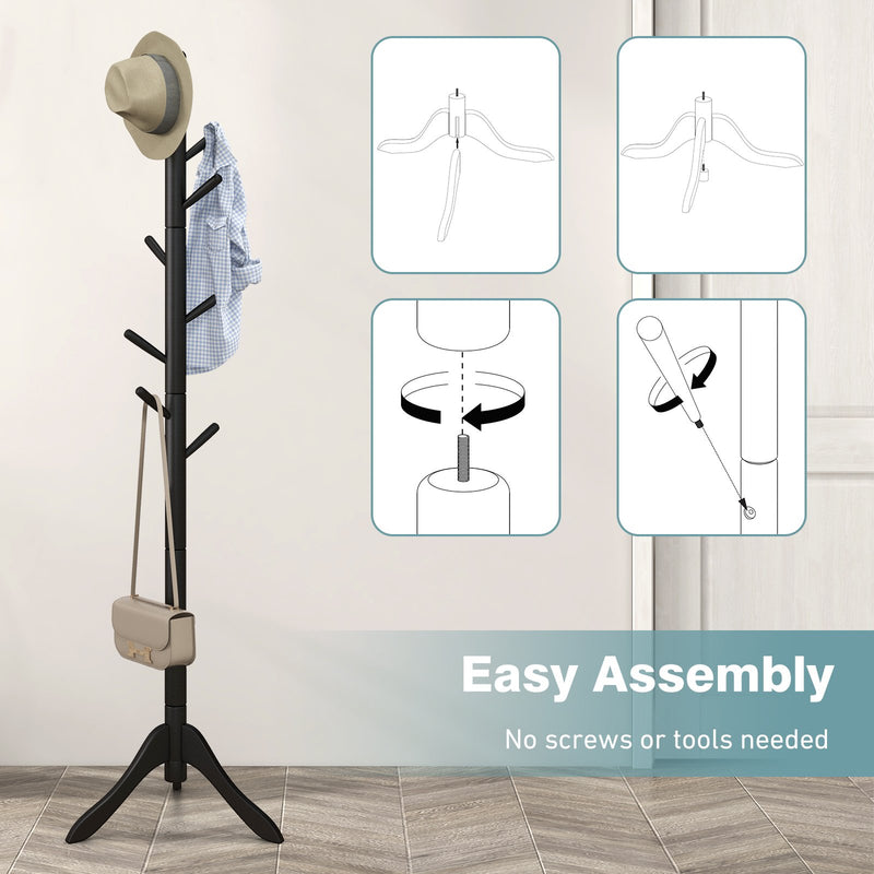*Adjustable Wooden Tree Coat Rack with 8 Hooks - Black