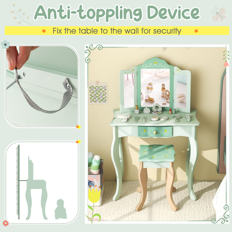 Kids Vanity Set with Tri-folding Mirror-Green