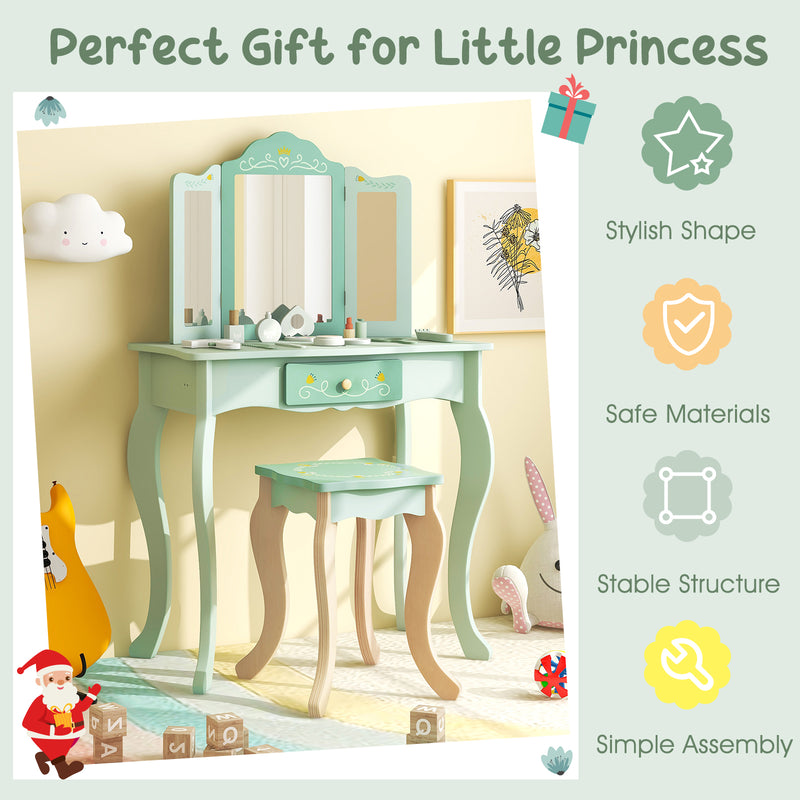Kids Vanity Set with Tri-folding Mirror-Green
