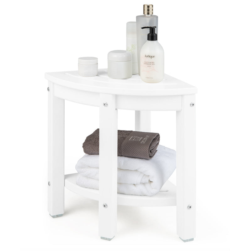 Heavy Duty Corner Shower Bench Stool with Storage Shelf for Shaving Legs-Off White