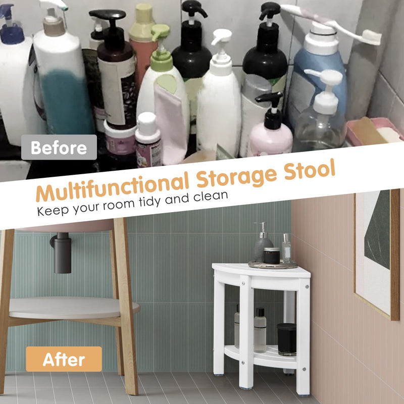 Heavy Duty Corner Shower Bench Stool with Storage Shelf for Shaving Legs-Off White