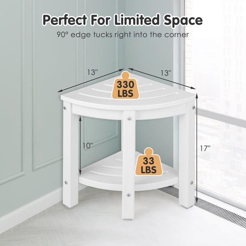 Heavy Duty Corner Shower Bench Stool with Storage Shelf for Shaving Legs-Off White