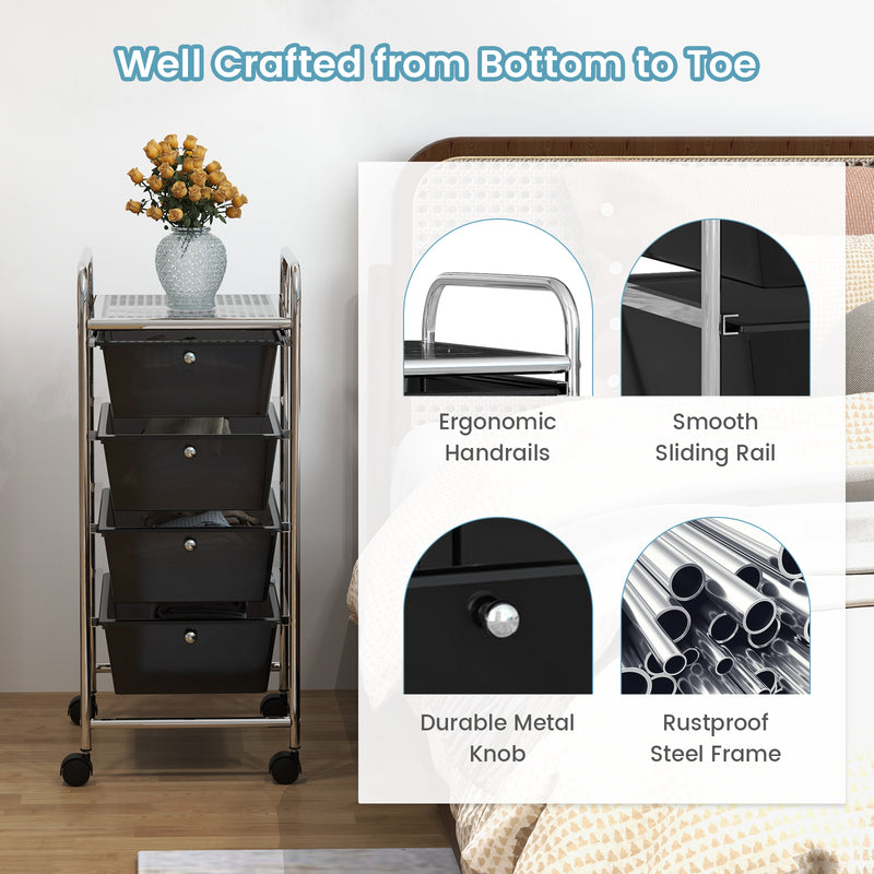 4-Drawer Cart Storage Bin Organizer Rolling with Plastic Drawers-Black