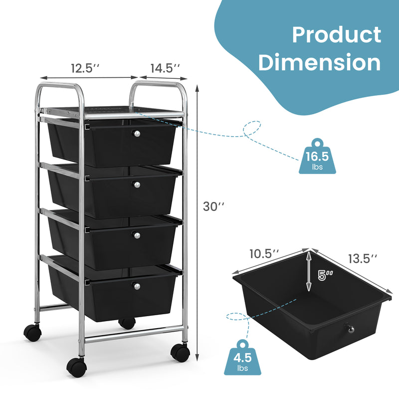 4-Drawer Cart Storage Bin Organizer Rolling with Plastic Drawers-Black