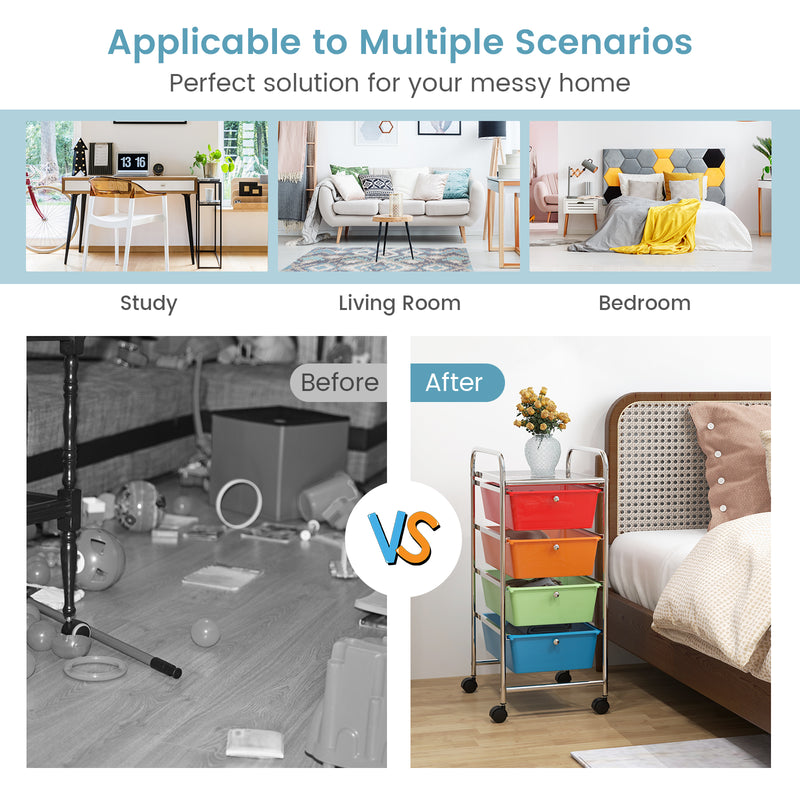 4-Drawer Cart Storage Bin Organizer Rolling with Plastic Drawers-Transparent Multicolor