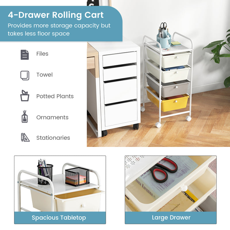 4-Drawer Cart Storage Bin Organizer Rolling with Plastic Drawers-Yellow